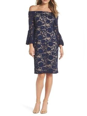 ELIZA J. WOMEN BELL SLEEVE OFF THE SHOULDER LACE SHEATH NAVY BLIE DRESS sz 6
